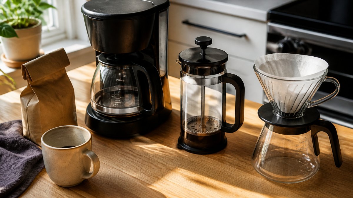 Overhead shot of a kitchen counter with a drip coffee maker, a French press, and a pour-over cone arranged side by side, a bag of whole bean coffee and a mug nearby in warm morning light