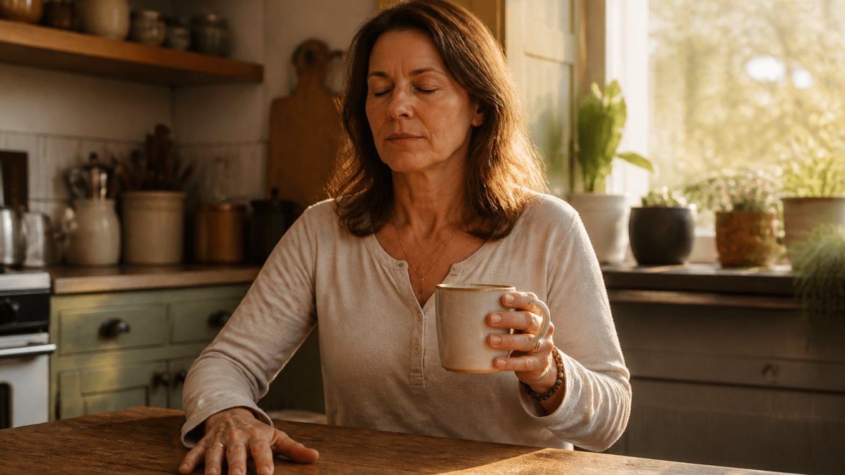 A person in their forties sitting at a kitchen table with eyes closed, one hand resting flat on the table surface and the other holding a warm mug, morning light through a window, calm and ordinary domestic setting