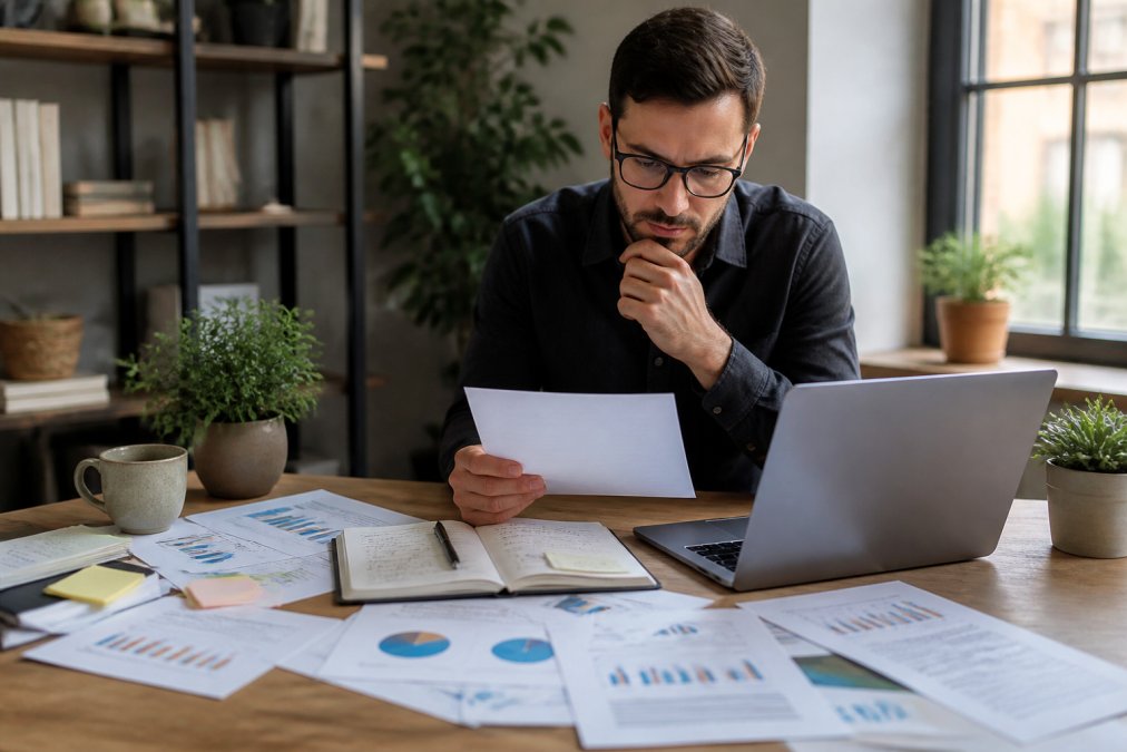 Founder at desk reviewing domain authority metrics and link-building strategy on laptop, with printed website analytics and outreach notes scattered across the workspace in natural office lighting
