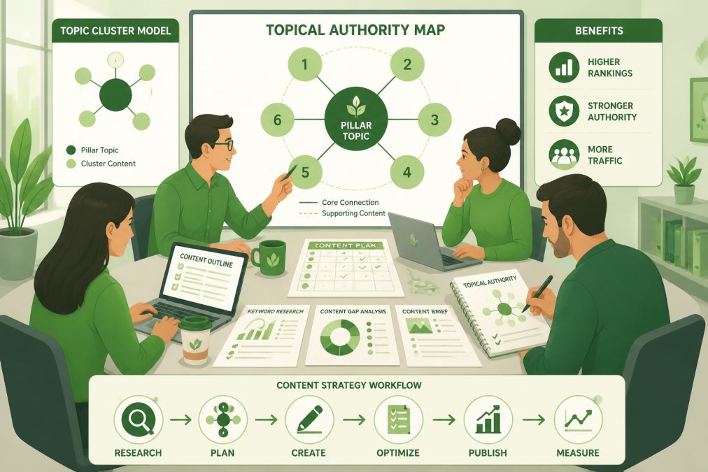 Content team collaborating around table with laptops and research documents, reviewing topic clusters and content strategy with visible notes on topical authority mapping in bright office environment