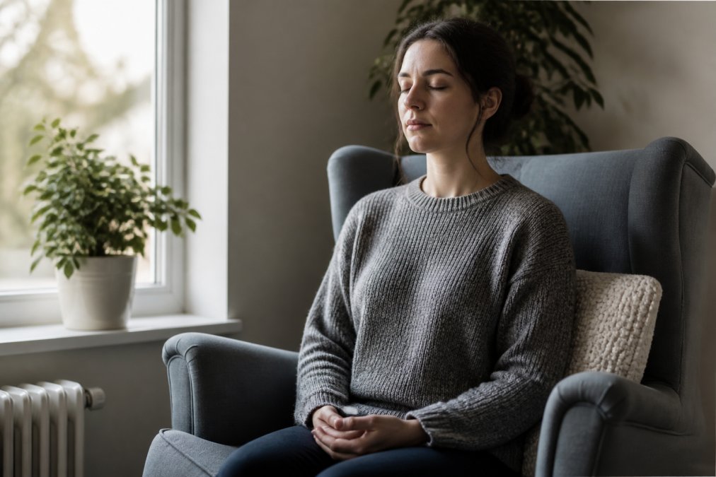 Person sitting in comfortable chair by window with natural light, hands resting gently on lap, eyes closed with peaceful expression, demonstrating a moment of calm presence and grounding