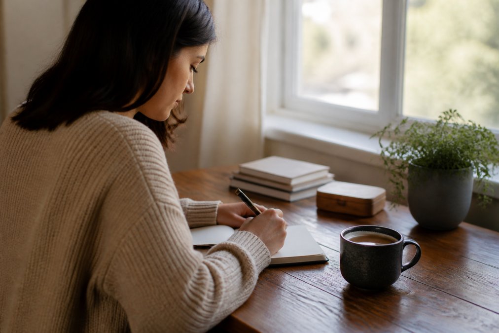 Person writing in journal at desk with warm coffee cup nearby, natural morning light through window, showing the daily ritual of tracking habits and building consistency