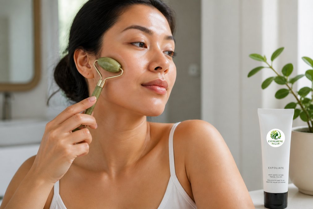 Woman applying serum to her face with a jade roller, demonstrating gentle upward strokes on glowing, dewy skin in natural morning light