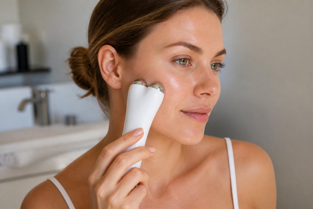Close-up of hands holding a sleek microcurrent device against cheekbone, showing modern aesthetic and ergonomic design with LED indicator