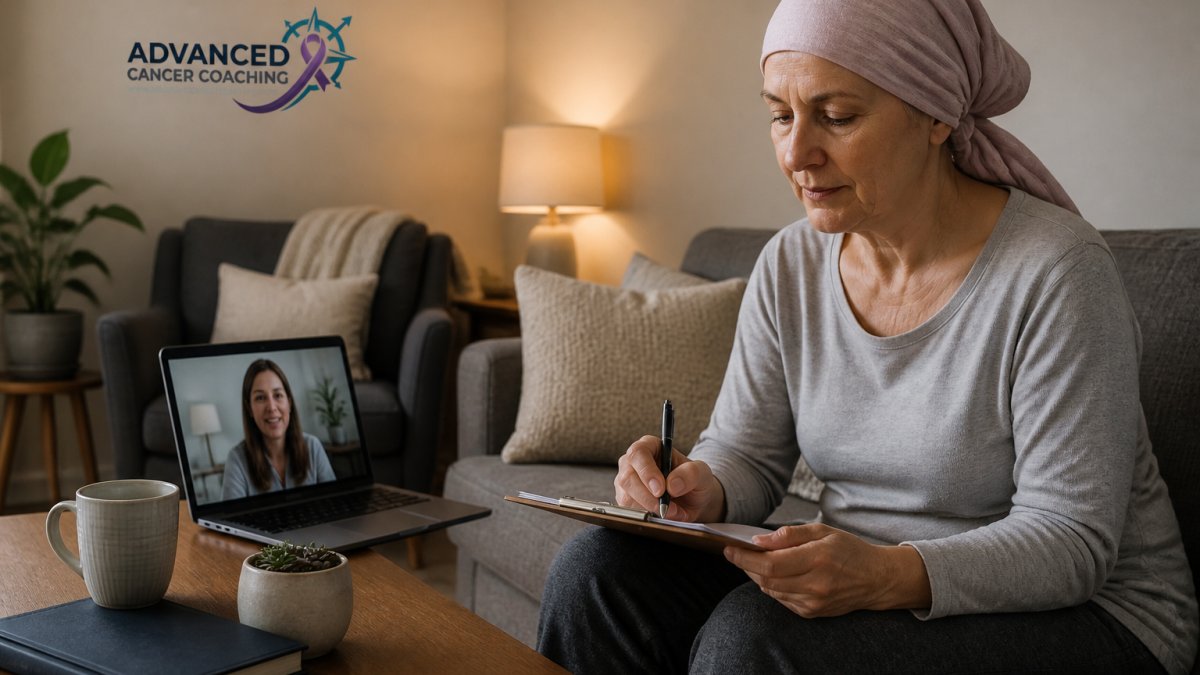 Cancer patient writing in a sleep diary during a telehealth sleep therapy session at home