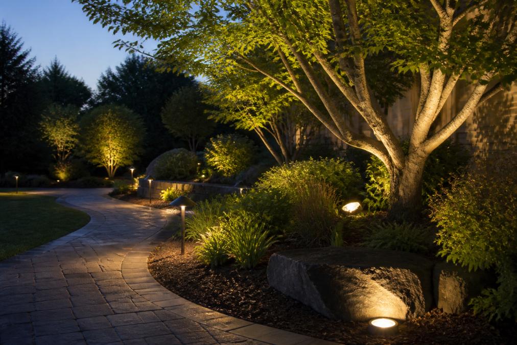 Professional landscape at dusk showing variety of low-voltage outdoor lighting fixtures including path lights lining a garden walkway, spotlights illuminating mature trees, and well lights creating uplighting in planted beds with layered accent lighting
