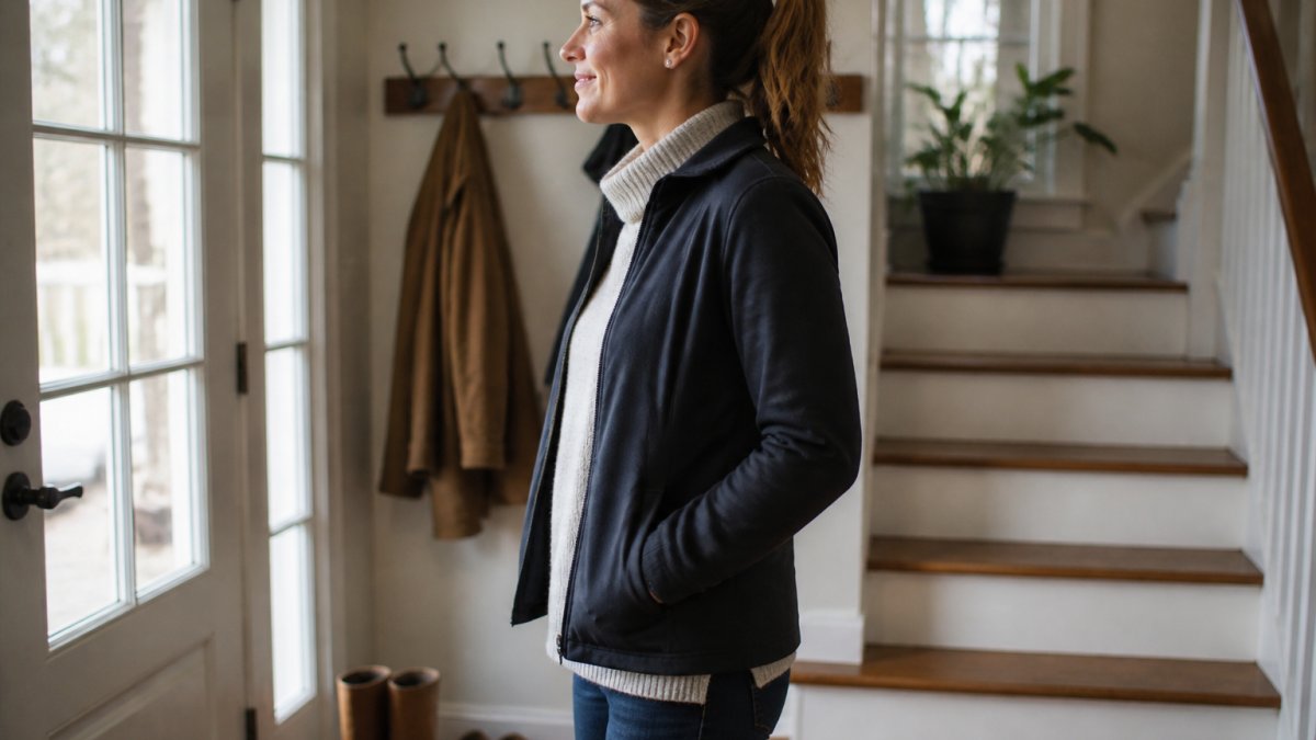 A person wearing a thin base layer, a light sweater, and a simplified jacket, shown from the side to highlight a smooth, non-bulky silhouette in a bright home setting
