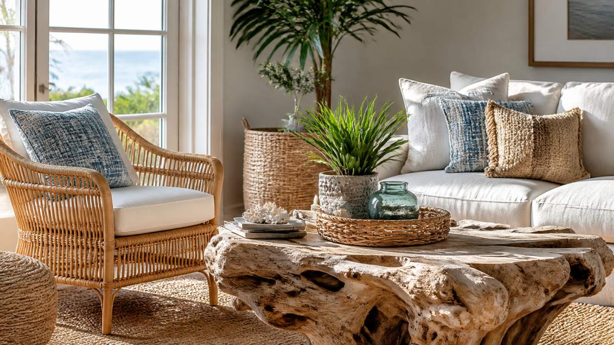 Infographic layout showing how to style a beach themed living room using rattan, driftwood, and linen textures.