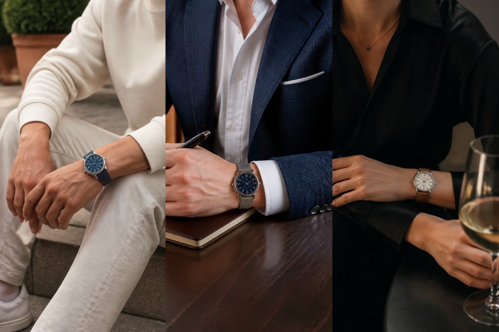 A sophisticated 38mm gender-neutral watch styled with three distinct outfits: minimalist casual wear with neutral tones and simple lines, professional business attire with tailored blazer and dress shirt, and elevated evening wear with refined textures and refined accessories, demonstrating versatility across aesthetic contexts