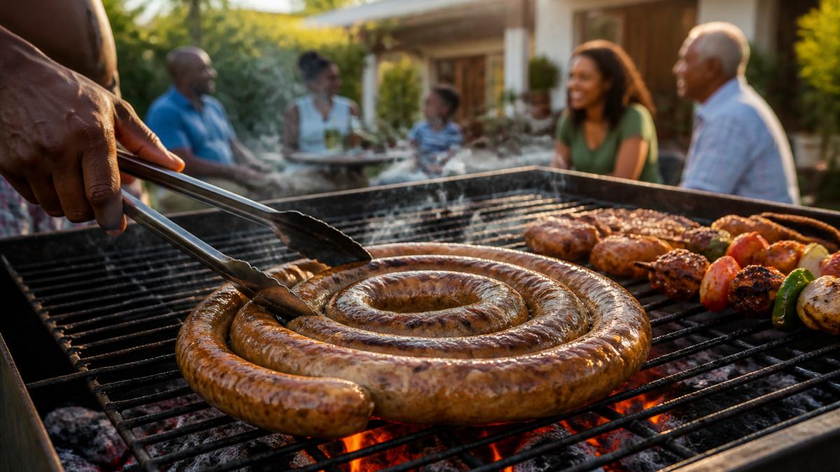 Coiled boerewors sizzling on a braai grid as family enjoys braai foods in a sunny backyard setting
