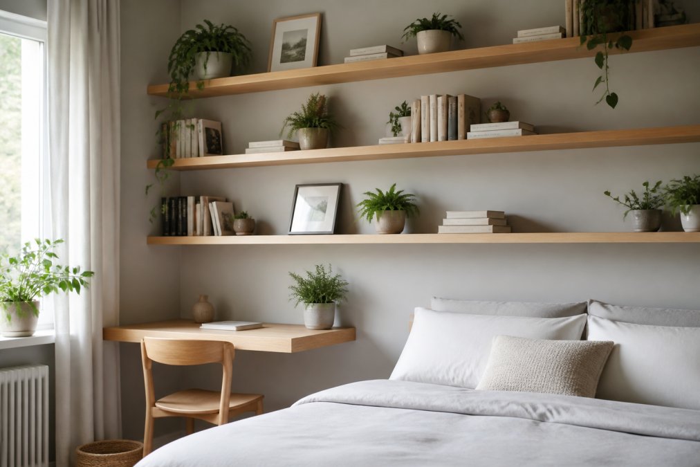 Modern bedroom with soft natural light featuring floating wooden shelves above a minimalist desk displaying books, potted plants, and framed photographs, with pale grey walls and a neatly made bed below, demonstrating how vertical storage maximises floor space