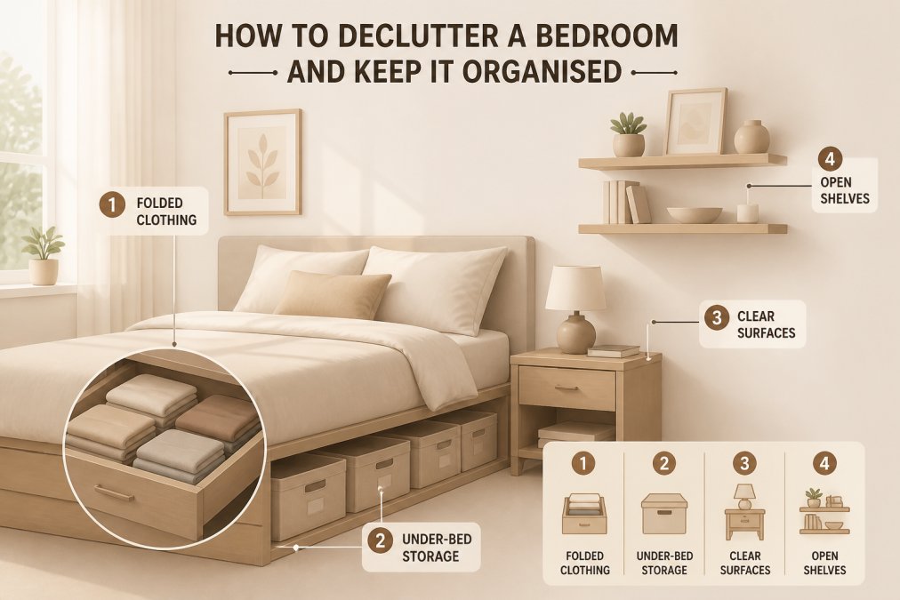Serene, minimalist bedroom with soft morning light streaming through a window, showing neatly stacked folded clothing in a drawer, collapsible fabric storage boxes under a low bed frame, clear surfaces on a wooden nightstand with only a lamp and book, and open floating shelves displaying only a few carefully chosen items