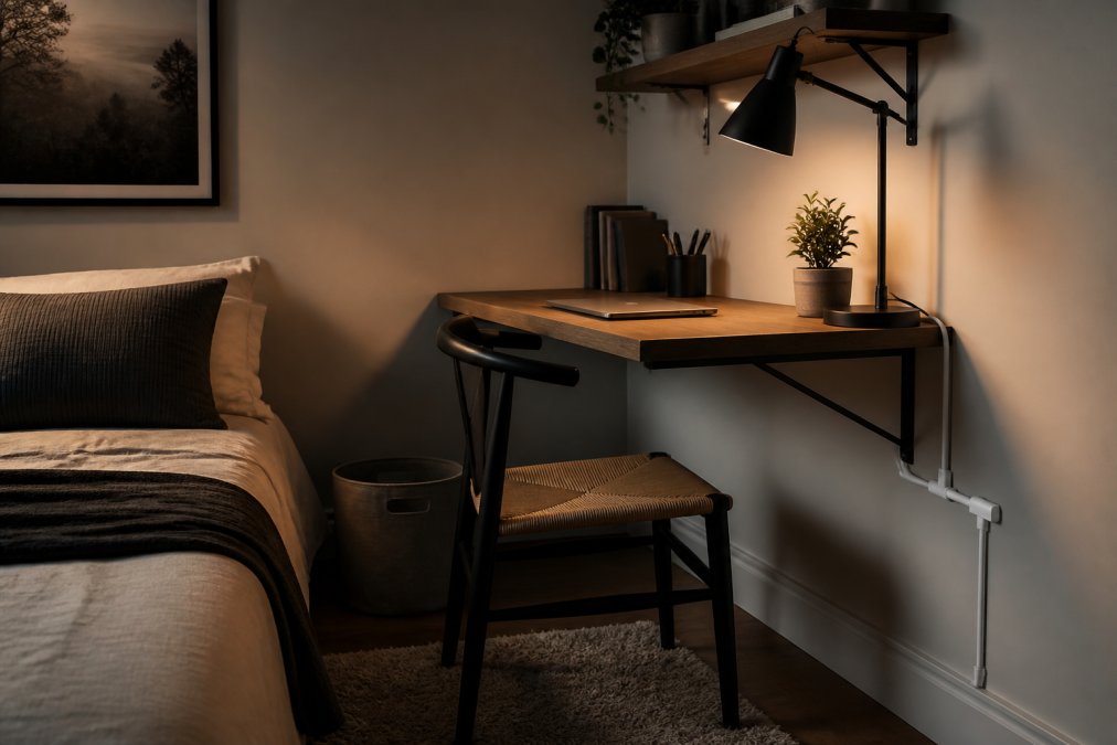 Minimalist bedroom with wall-mounted folding desk, organized cable management clips, and clear desktop surface creating a clutter-free, peaceful workspace