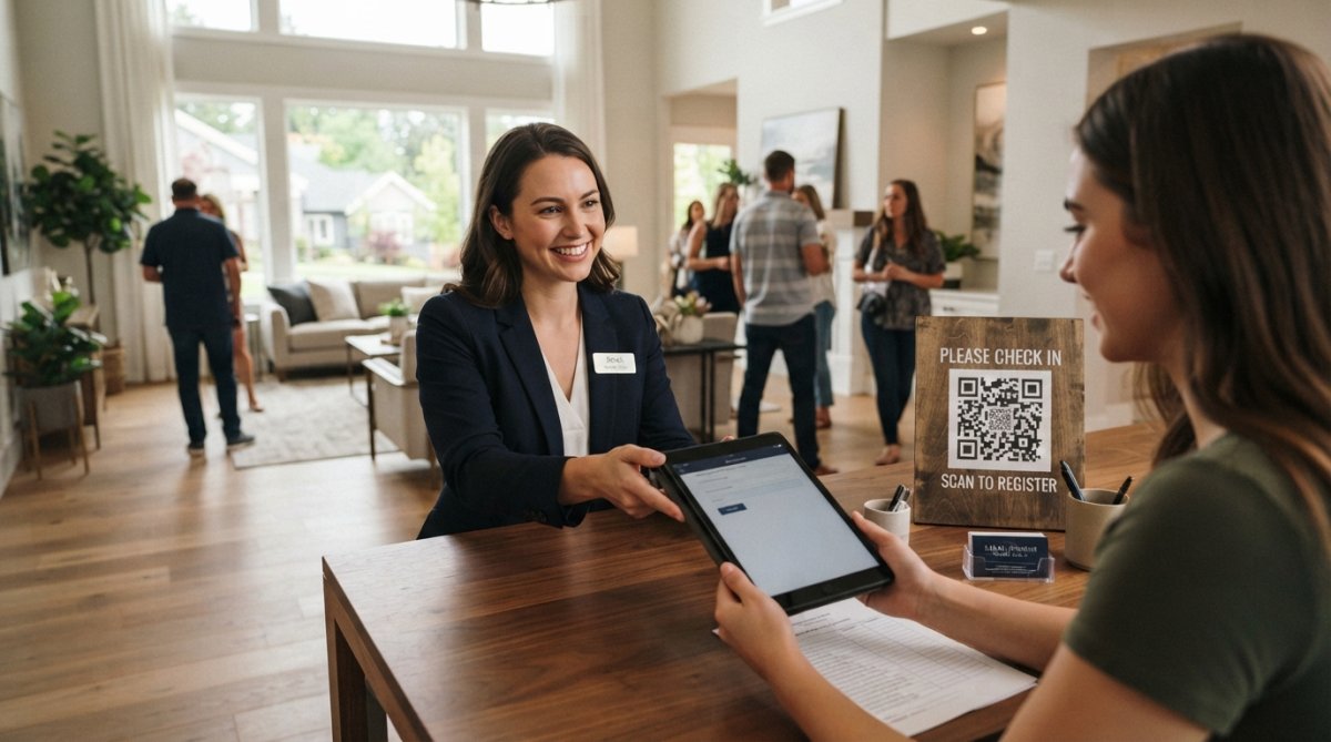 Real estate agent at an open house using a tablet to check in visitors, with a QR code visible on a sign in the background, modern home interior setting