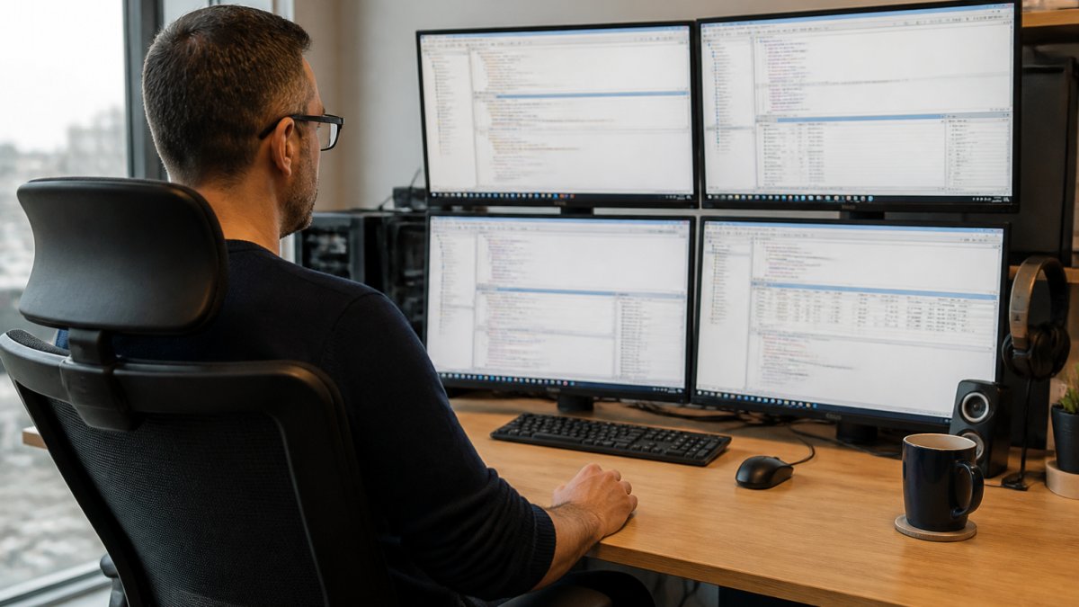 Database administrator using SQL Server query performance tuning tools on monitors in a modern office