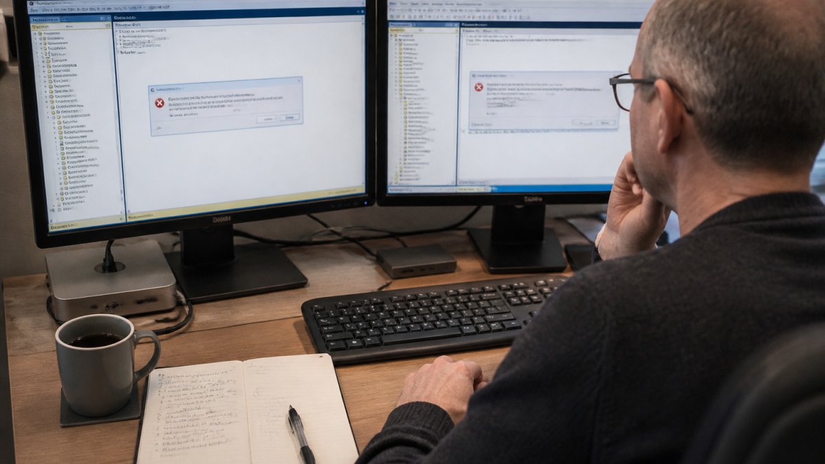 Administrator reviewing SQL Server restore error logs on dual monitors with handwritten notes nearby
