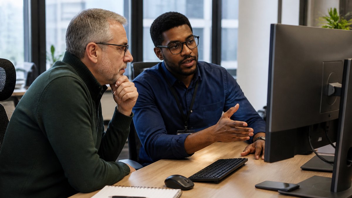 DevOps engineer and database administrator reviewing a SQL Server source control pipeline on a large office monitor