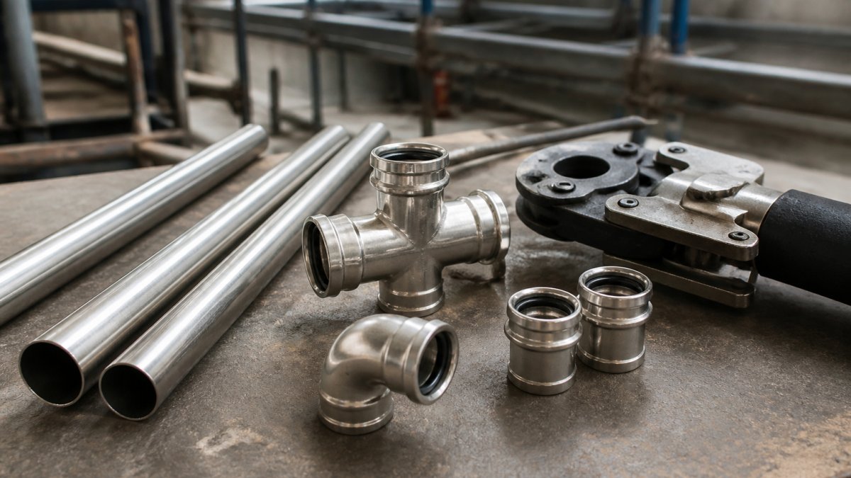 316L stainless steel press-fit pipes, tees, elbows, and couplings arranged on a construction site workbench with a press