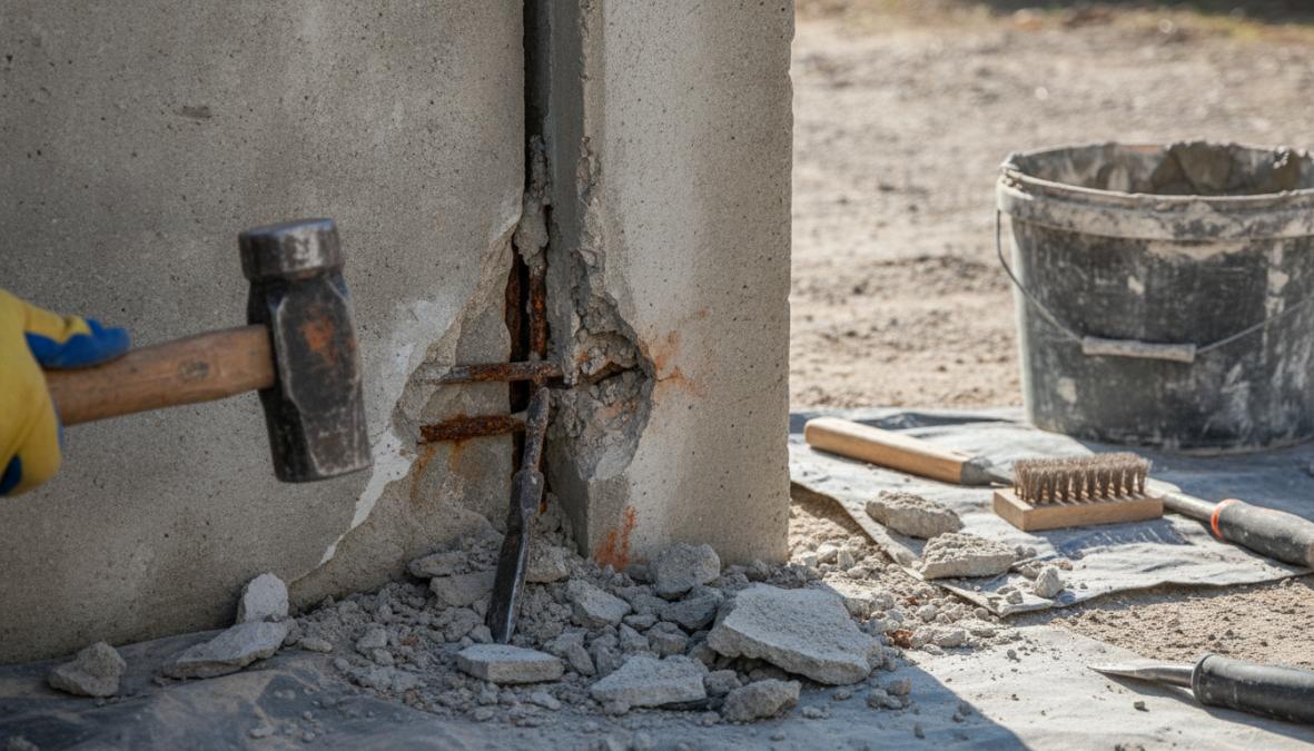 Close-up van beschadigde betonschutting met zichtbare scheuren en betonrot, gereedschap ernaast op werkplek