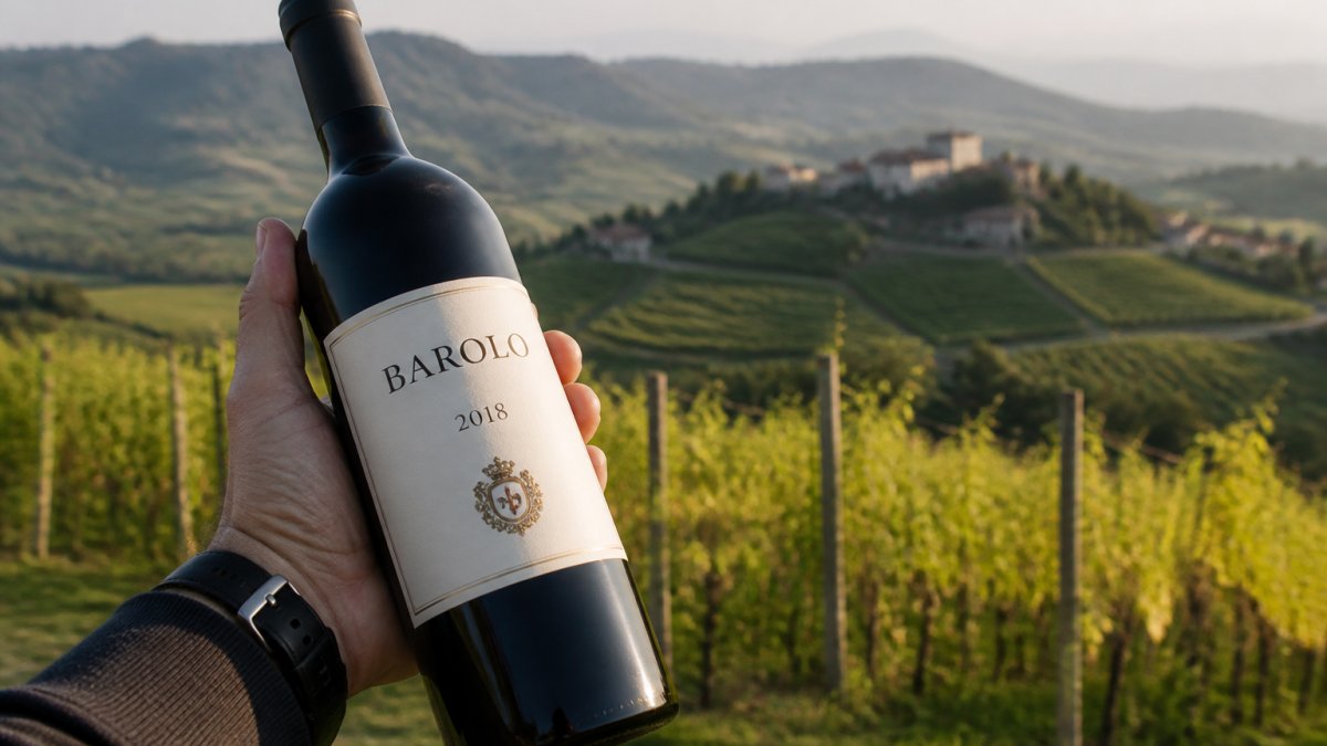 En hand håller en flaska Barolo mot ett soligt vinfält i Piemonte med fokus på etiketten och årgången.