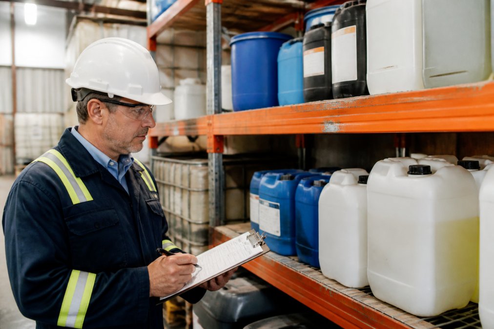 Safety manager in hard hat and safety glasses reviewing chemical storage containers on shelves in industrial warehouse, holding clipboard with inventory checklist