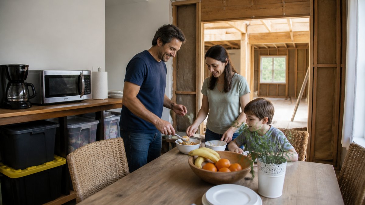 Family preparing a meal in a makeshift kitchen during a home renovation project in their dining room.
