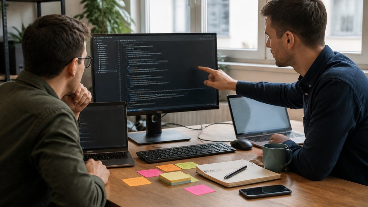 Two developers reviewing API integrations test results on a monitor in a bright office