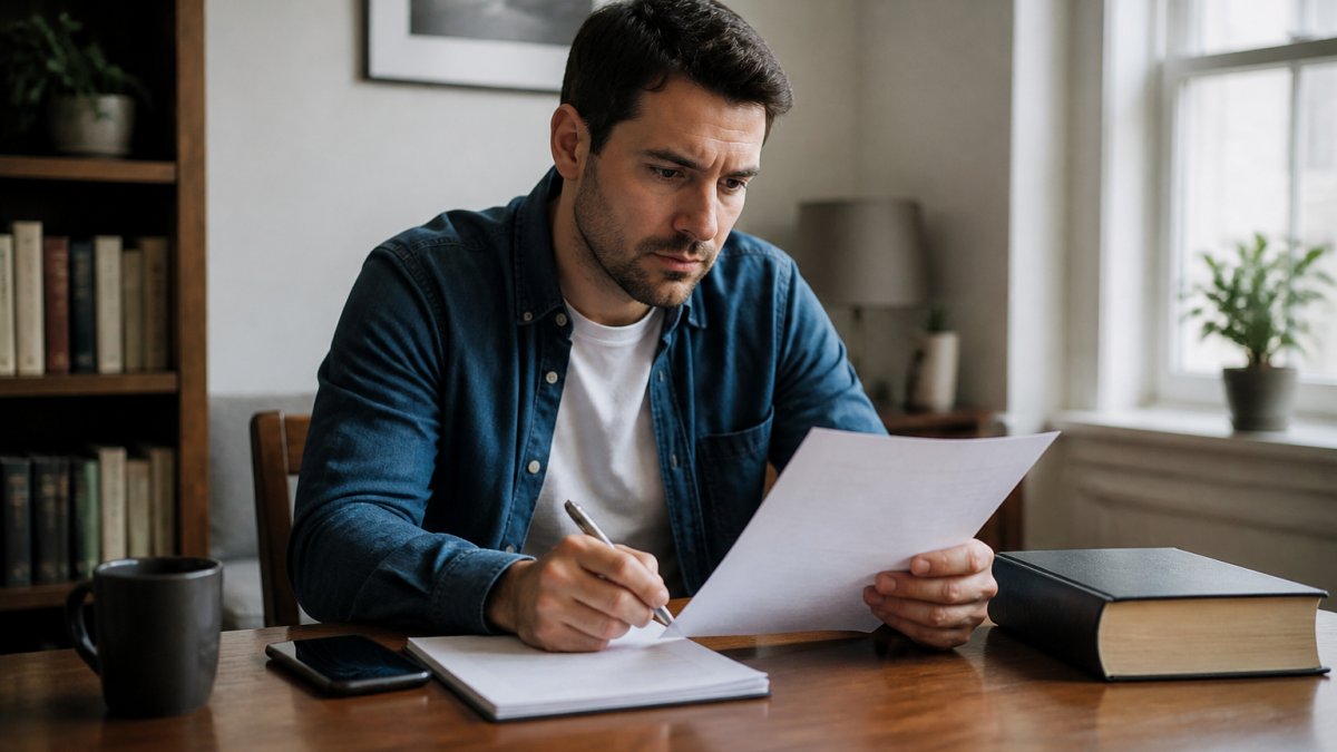 A person sitting at a wooden desk in a quiet home office, reviewing a legal document with a pen in hand and a phone nearby, looking focused and concerned