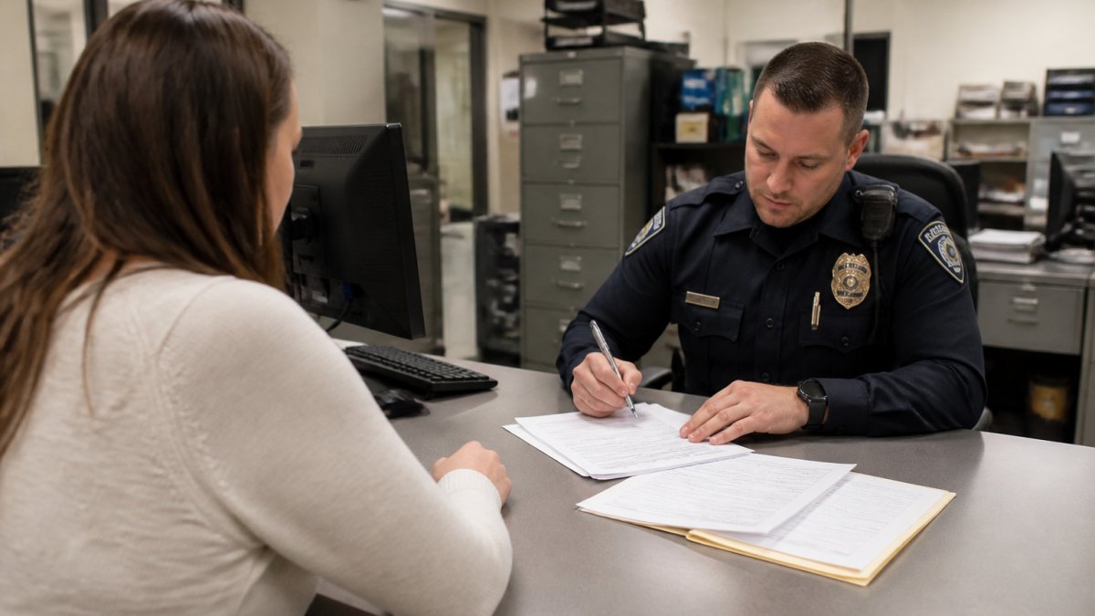 Police officer seated at desk in station taking detailed report from person, with paperwork, computer monitor, and filing cabinets visible in background under fluorescent lighting