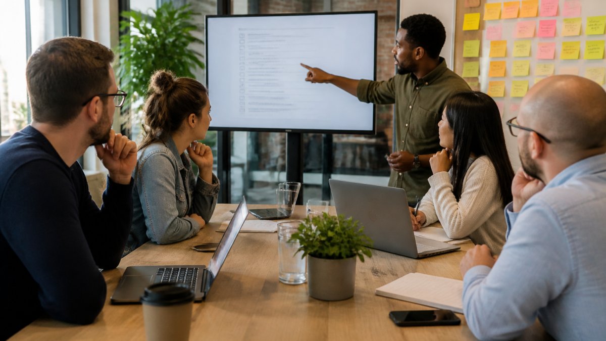 Ecommerce managers and developers reviewing an ecommerce cutover checklist on a large office monitor