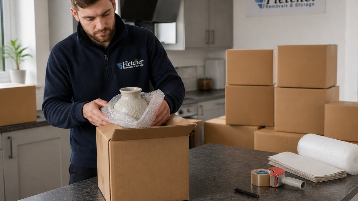 A removal professional in uniform carefully wrapping a ceramic vase in bubble wrap and packing it into a cardboard box on a kitchen worktop, with labelled boxes stacked in the background