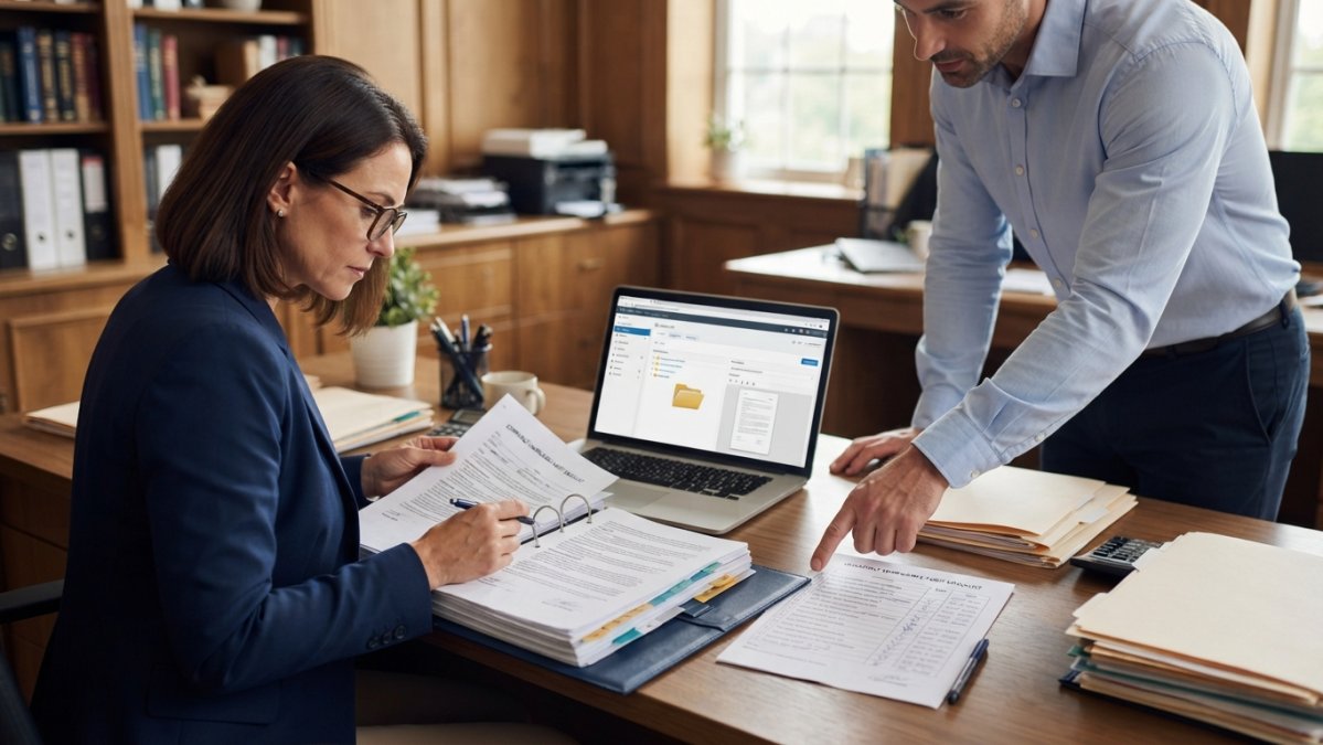 A compliance officer in a formal office reviewing a binder of signed documents beside a laptop showing a document management system, with a colleague pointing at a checklist on the desk