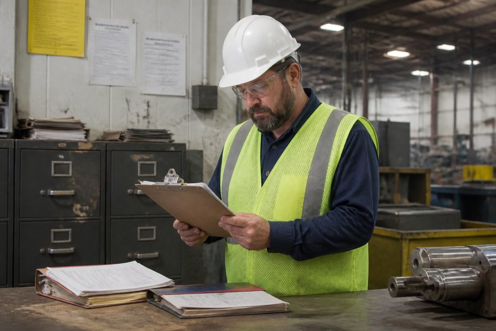 Safety manager reviewing injury logs on a clipboard as part of the steps to achieve OSHA regulatory compliance