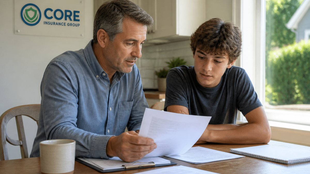 Parent and teenage driver sitting together at kitchen table reviewing insurance documents and policy papers, natural daylight from window, discussing coverage options