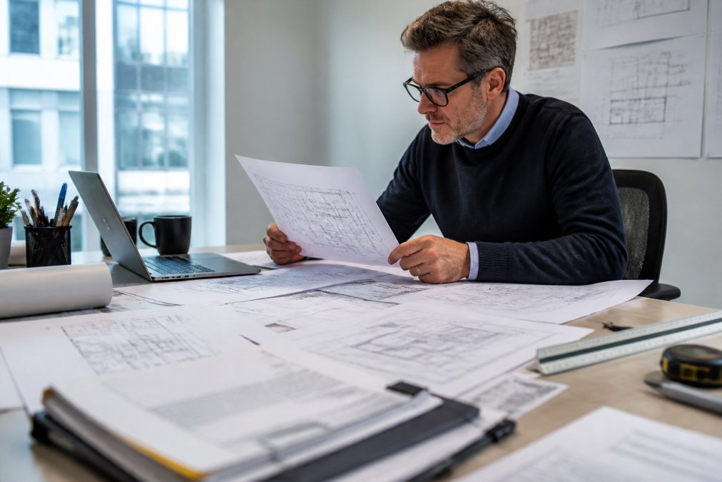 Architect reviewing planning documents and architectural drawings at a desk with laptop, planning application forms, and measurement tools visible in a modern office setting with natural window lighting