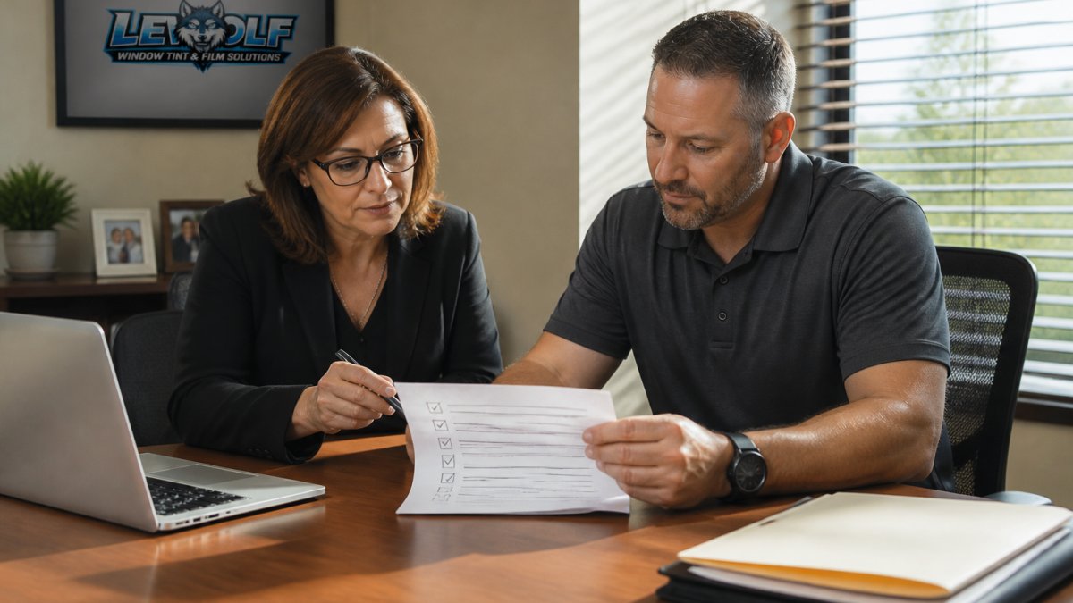 A school administrator and a security consultant reviewing a printed grant application checklist at a desk with a laptop and folders nearby, afternoon light through office blinds