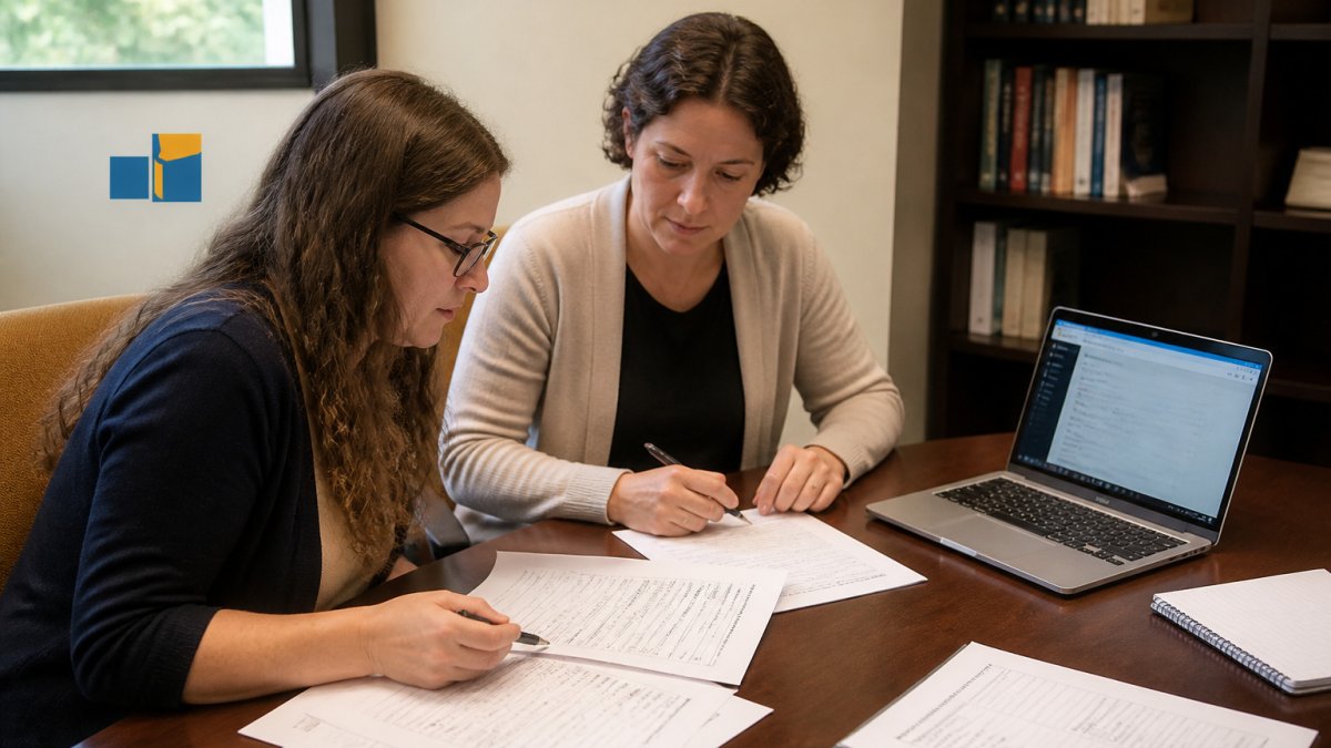 Instructional designers reviewing an online course assessment checklist and LMS quiz data at a university table