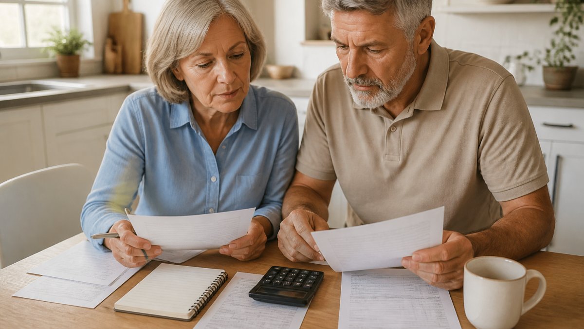 A mature couple calculating household expenses to help avoid running out of money in retirement at their kitchen table.
