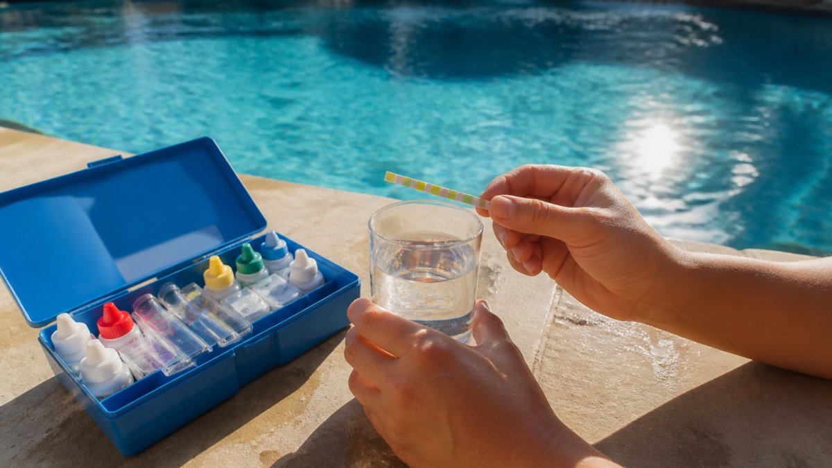 Hands holding a pool test strip over a water sample to balance pool water chemistry accurately.