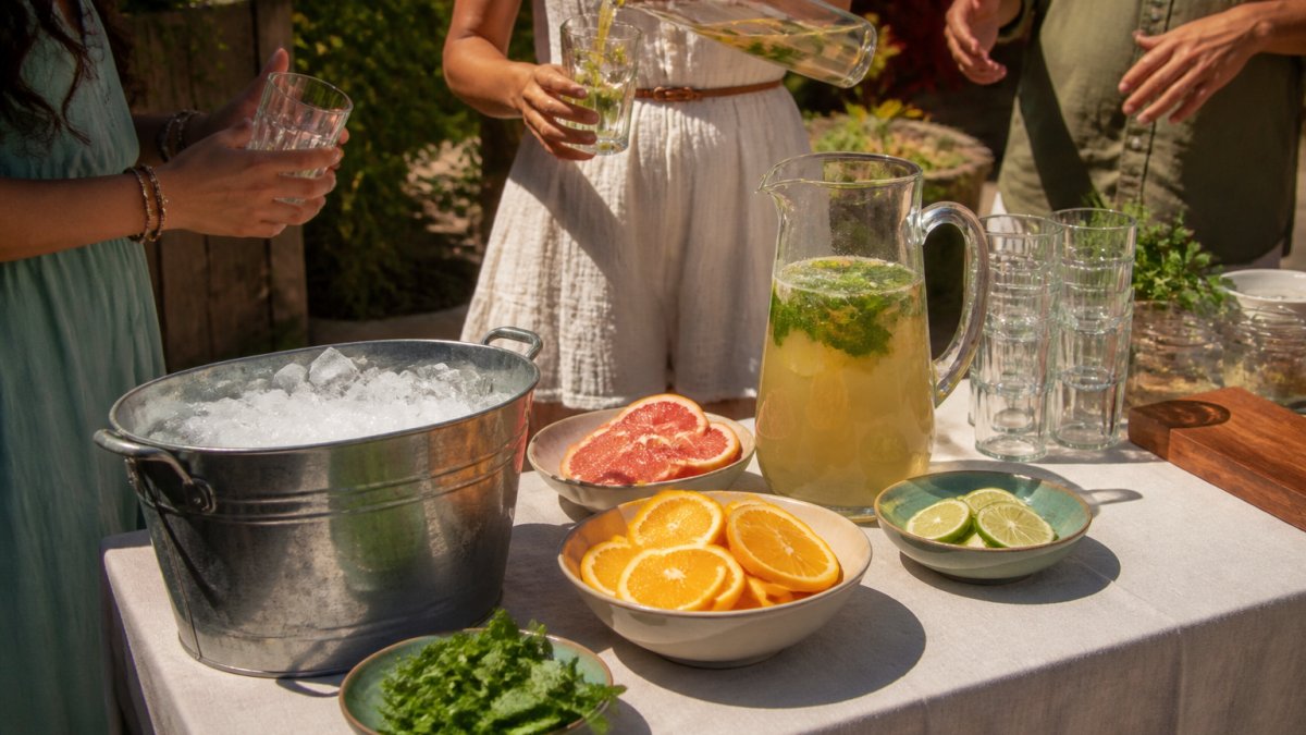 Guests pouring sparkling mocktails at a backyard drink station with fresh citrus, mint, and ice.