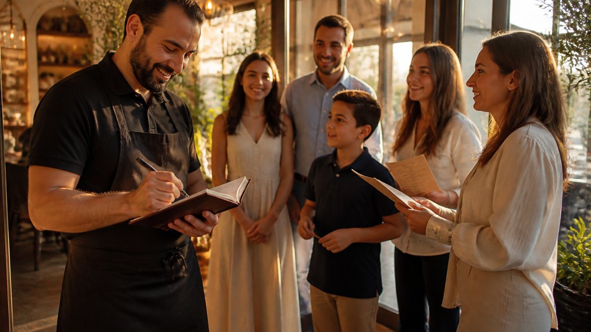 Smiling restaurant host taking a group dinner reservation as a family waits with menus