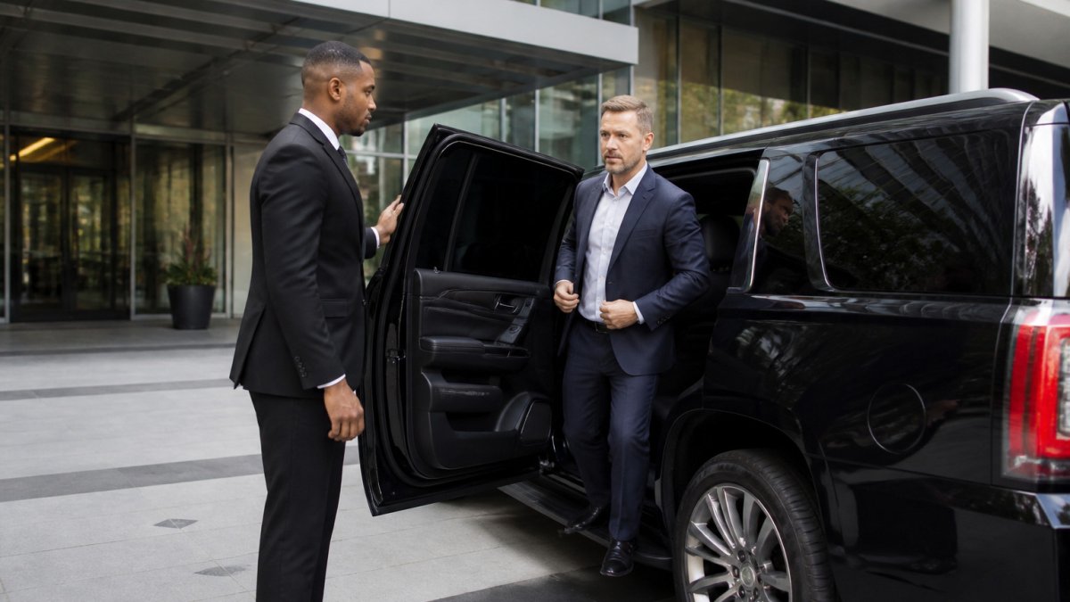 Business executive stepping out of a black SUV for an executive car service at a Charlotte office entrance
