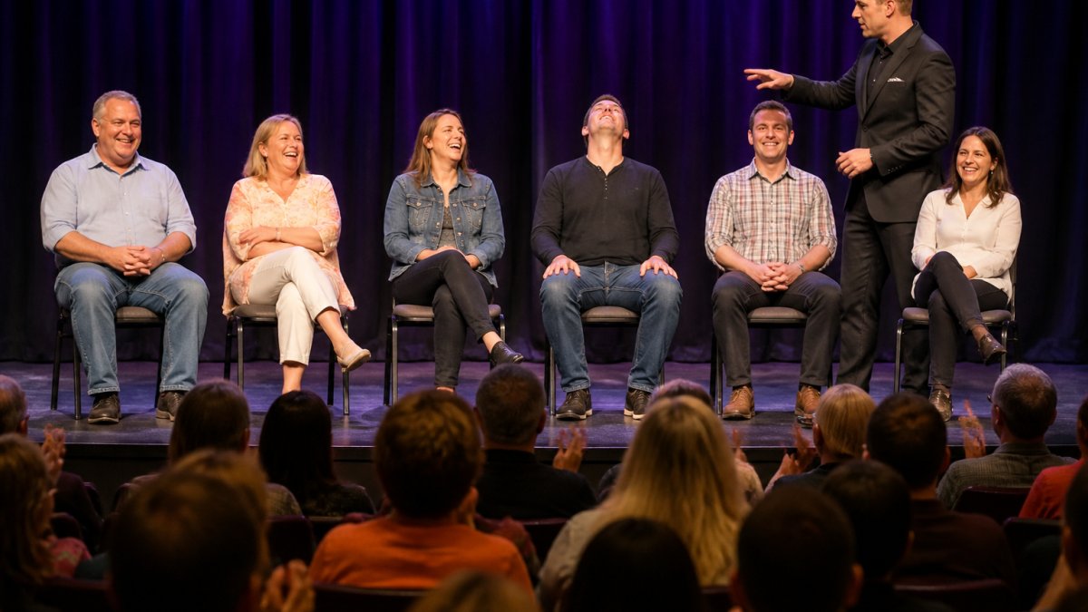 A stage hypnotist guiding a small group of smiling volunteers seated in chairs on a brightly lit stage, with a packed fundraiser audience watching and laughing in the foreground