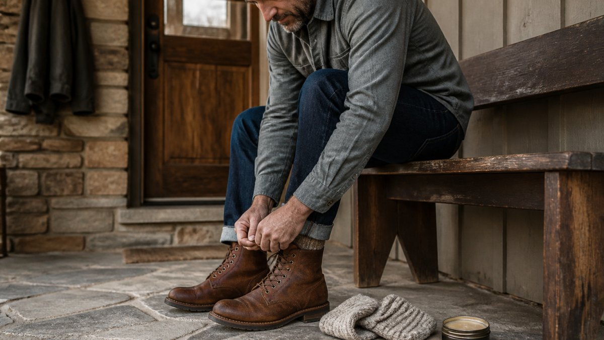 Man sitting on a wooden bench lacing up brown leather boots with wool socks and conditioner nearby