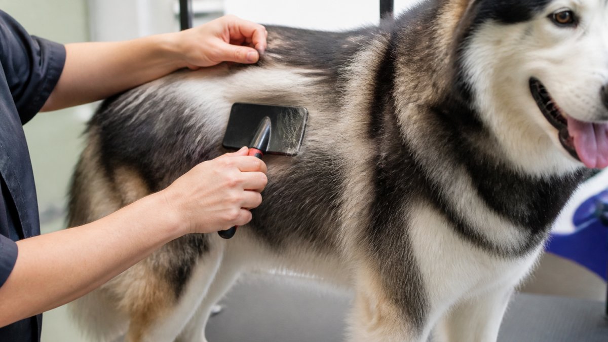 Diagram showing how to line brush a double coated dog by parting the fur in sections with a slicker brush