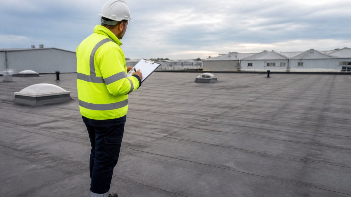 Roofing surveyor inspecting a membrane surface to plan a commercial roof replacement on a large industrial building