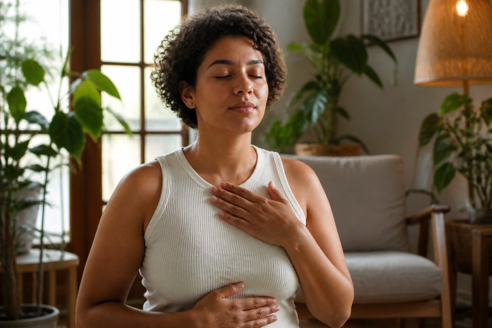 Person sitting peacefully in a comfortable, safe space with soft natural lighting, hands placed gently on their own body in a grounding gesture, eyes closed in mindful awareness