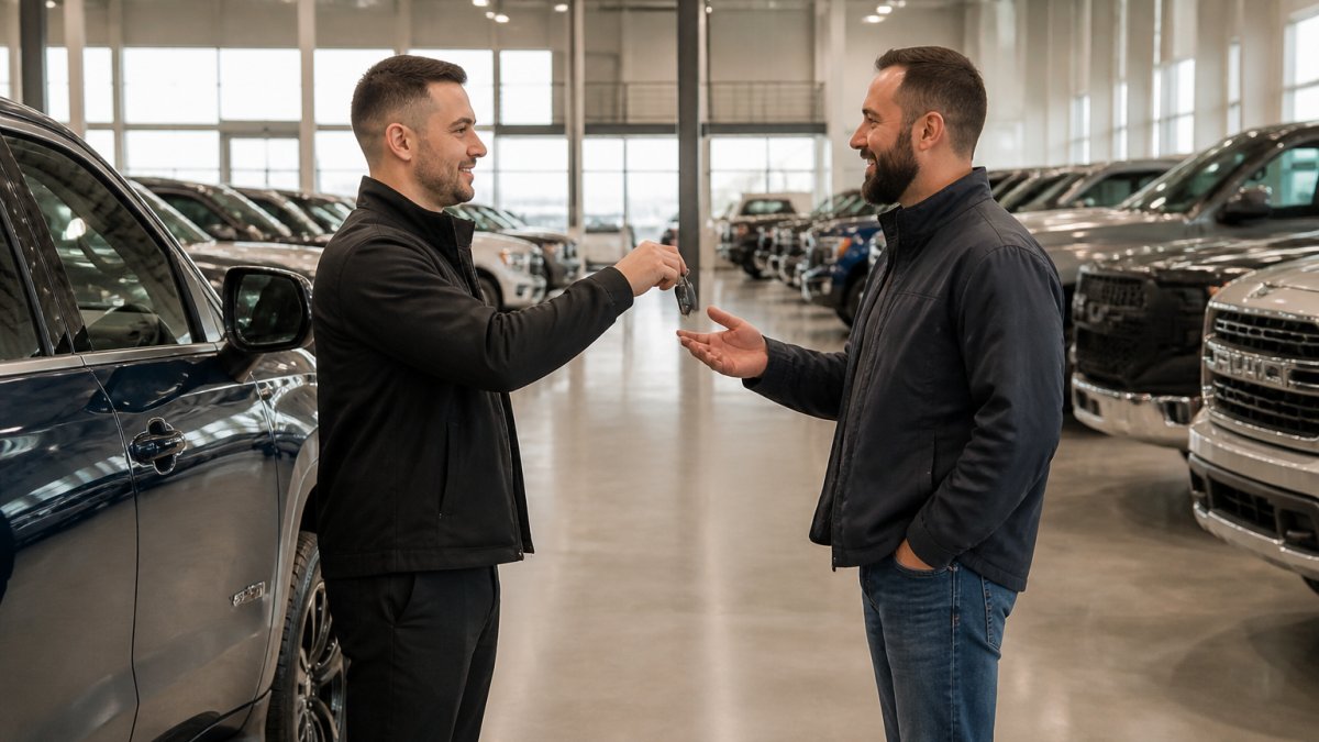 Sales consultant handing keys to a customer as they buy certified used vehicle online in Alberta at our showroom