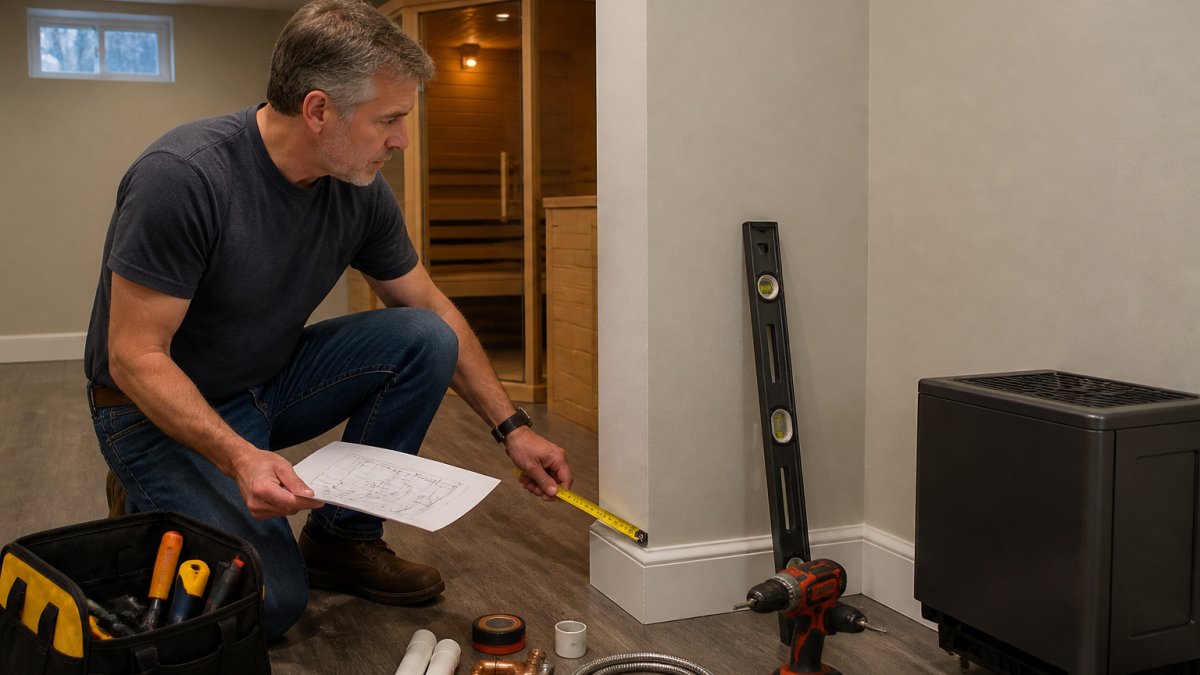 Homeowner measuring a finished basement corner for a custom wooden sauna installation