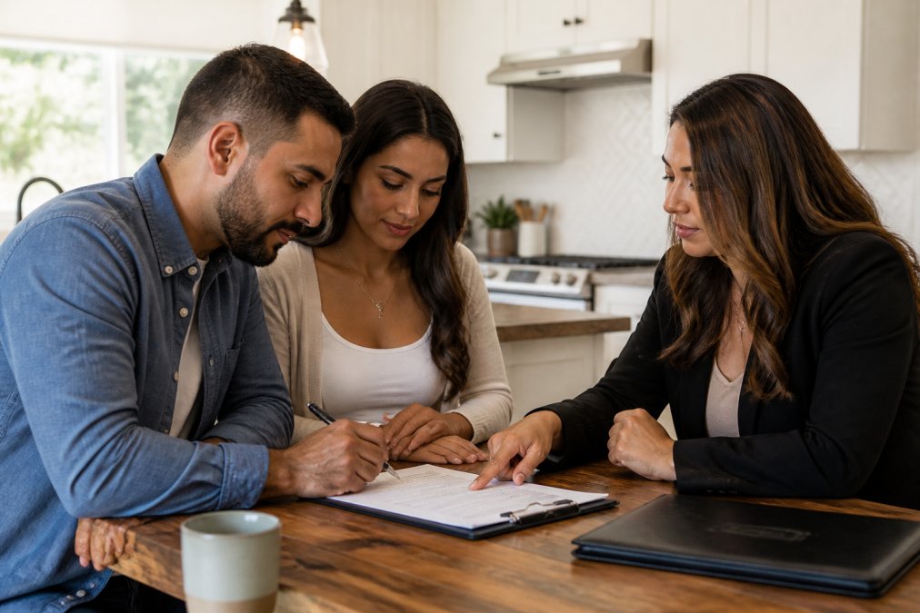 A couple reviewing and signing real estate documents at a bright kitchen table while their agent points to a specific line on the contract